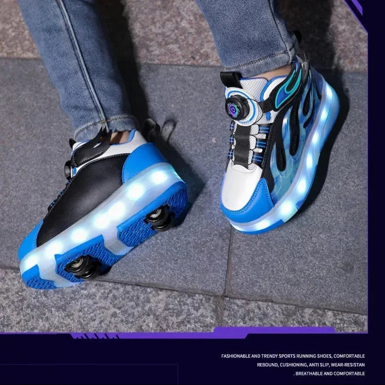 Children's LED shoes with wheels on a pavement