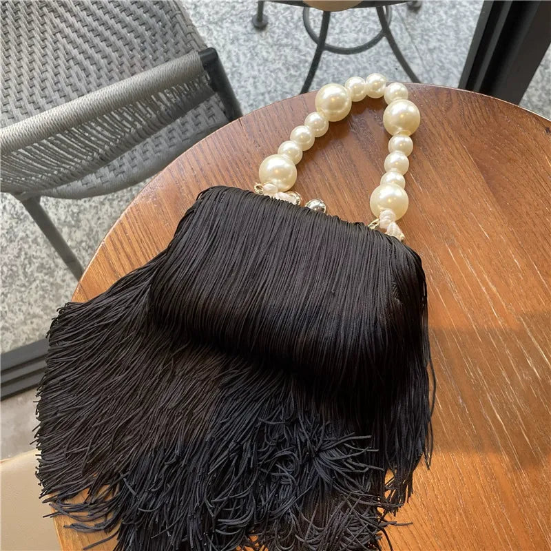 Parisian Pearl-Handle Tiered Fringe Clutch Bag