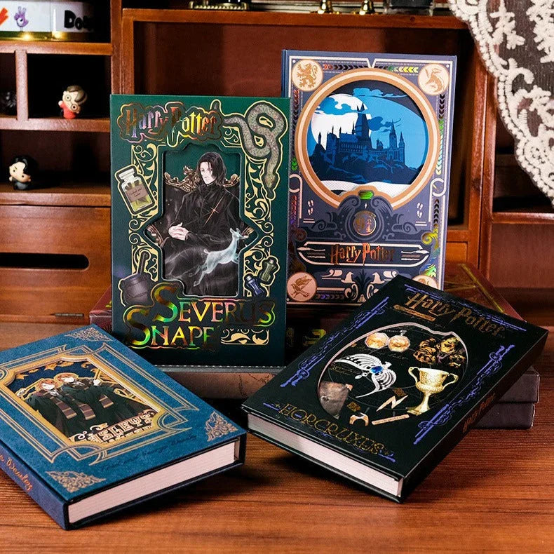 Decorative books with Harry potter and hogwarts illustrations on a wooden surface