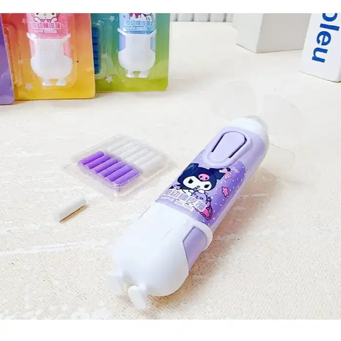 White and purple eraser with cartoon character packaging on a white surface