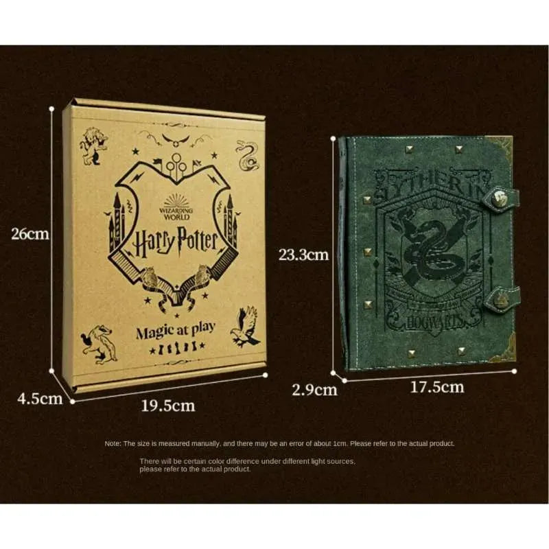 Two Harry Potter-themed notebooks with measurements on a dark background