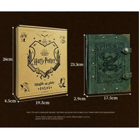 Two Harry Potter-themed notebooks with measurements on a dark background