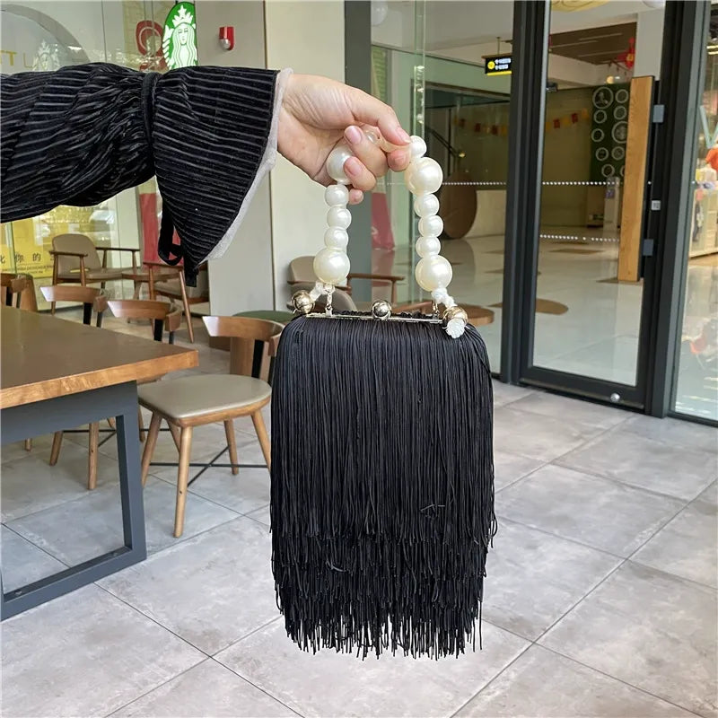 Parisian Pearl-Handle Tiered Fringe Clutch Bag
