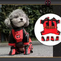 Dog wearing a Deadpool costume with inset images of the costume pieces.
