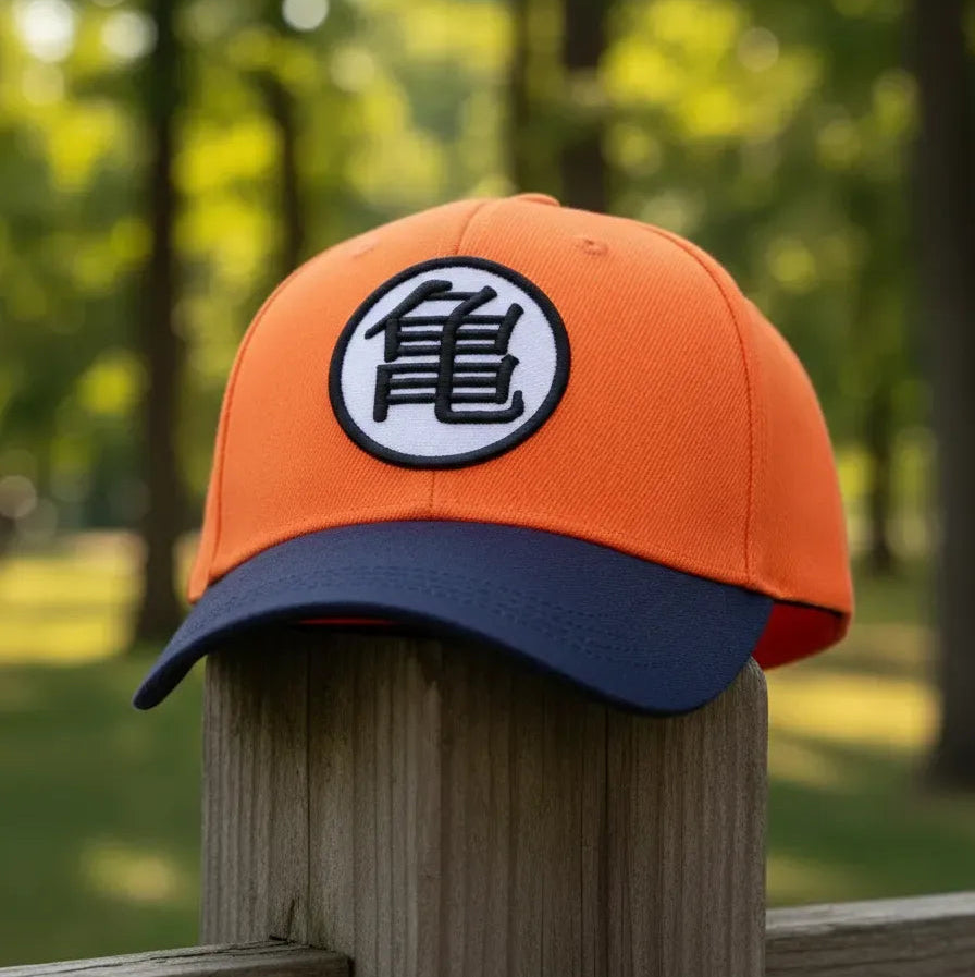 Orange and blue cap with a symbol on a wooden post against a blurred forest background