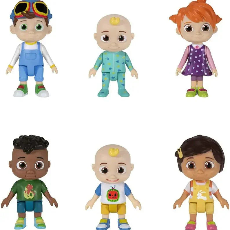Set of six colorful toy dolls with different outfits on a white background