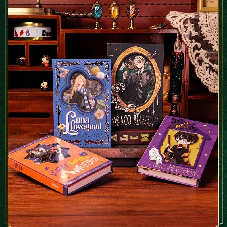 Four books with Harry Potter character illustrations on a wooden surface, framed by decorative elements.