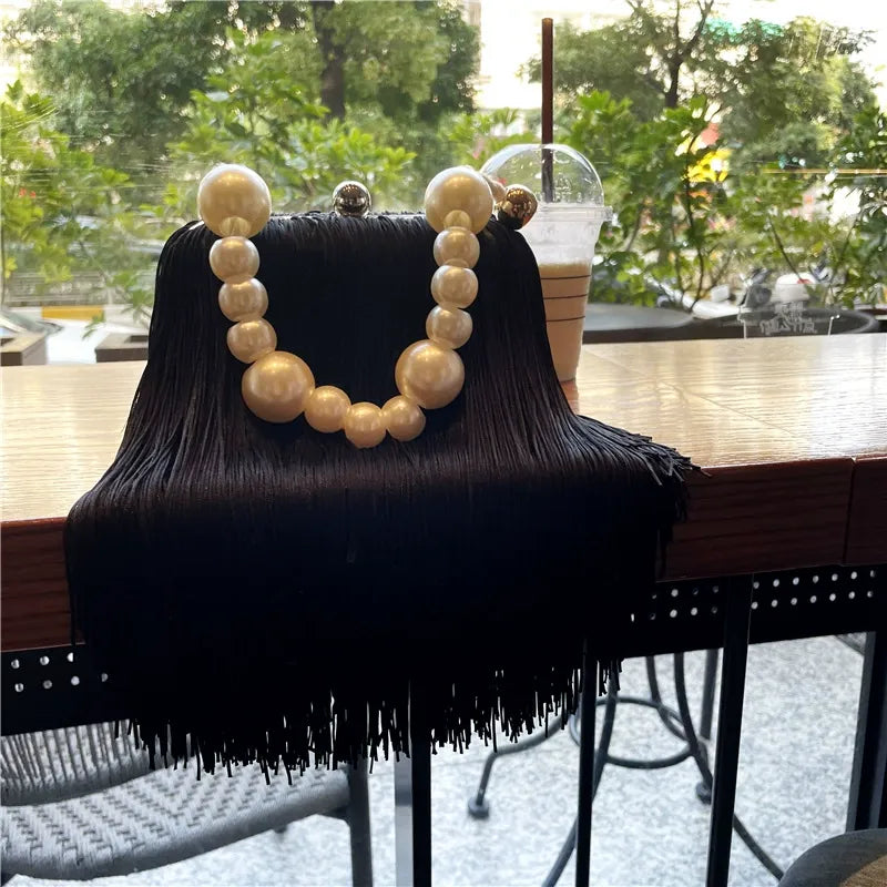 Parisian Pearl-Handle Tiered Fringe Clutch Bag