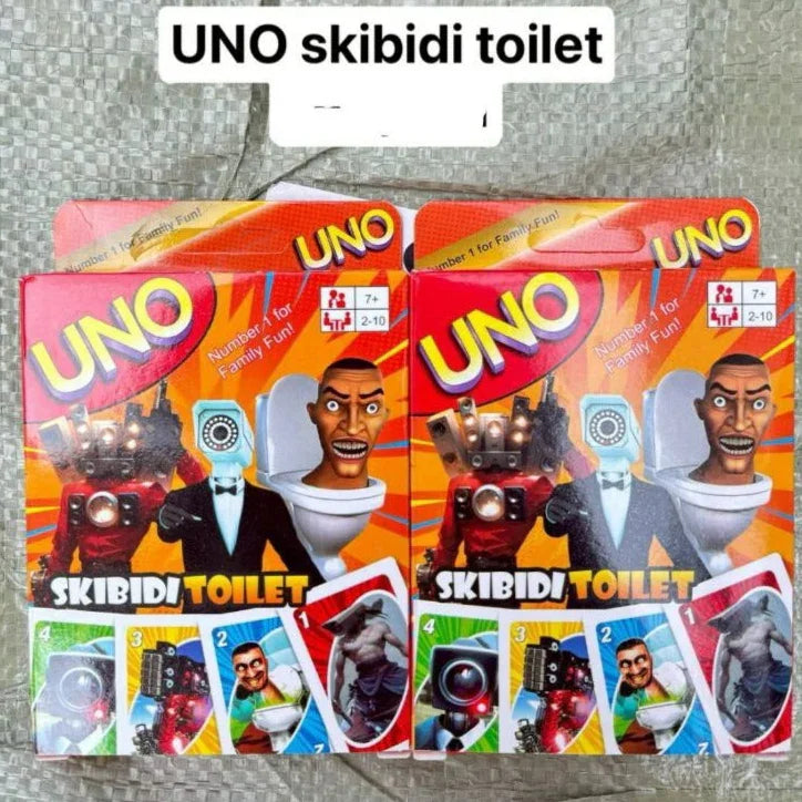 UNO Skibidi Toilet card game packaging on a textured surface