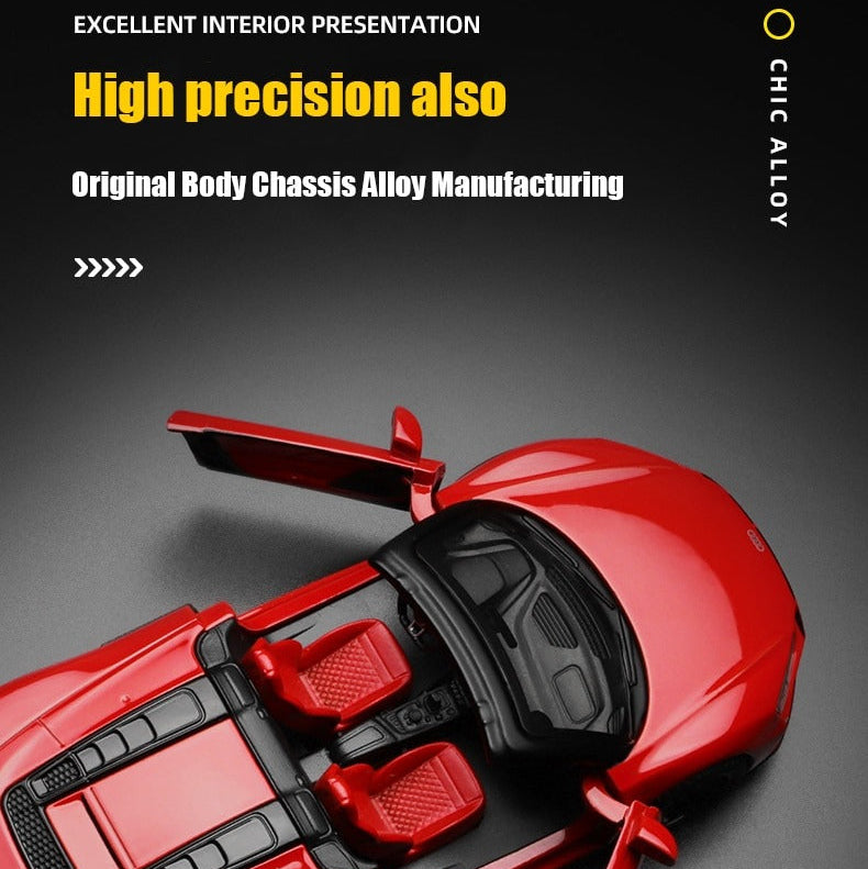 Red toy car with open doors on a gray background, featuring text about high precision and alloy manufacturing.