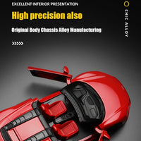 Red toy car with open doors on a gray background, featuring text about high precision and alloy manufacturing.