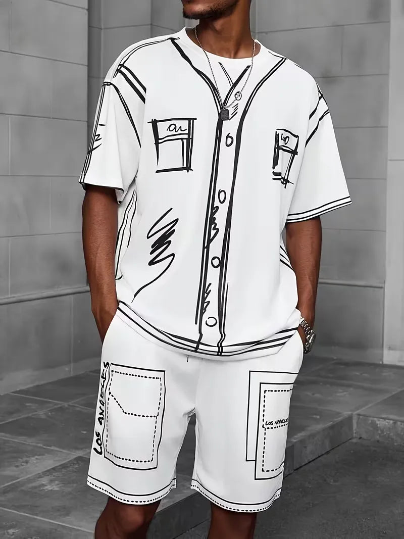 2D Cartoon Sketch Athletic Tee and Shorts Set
