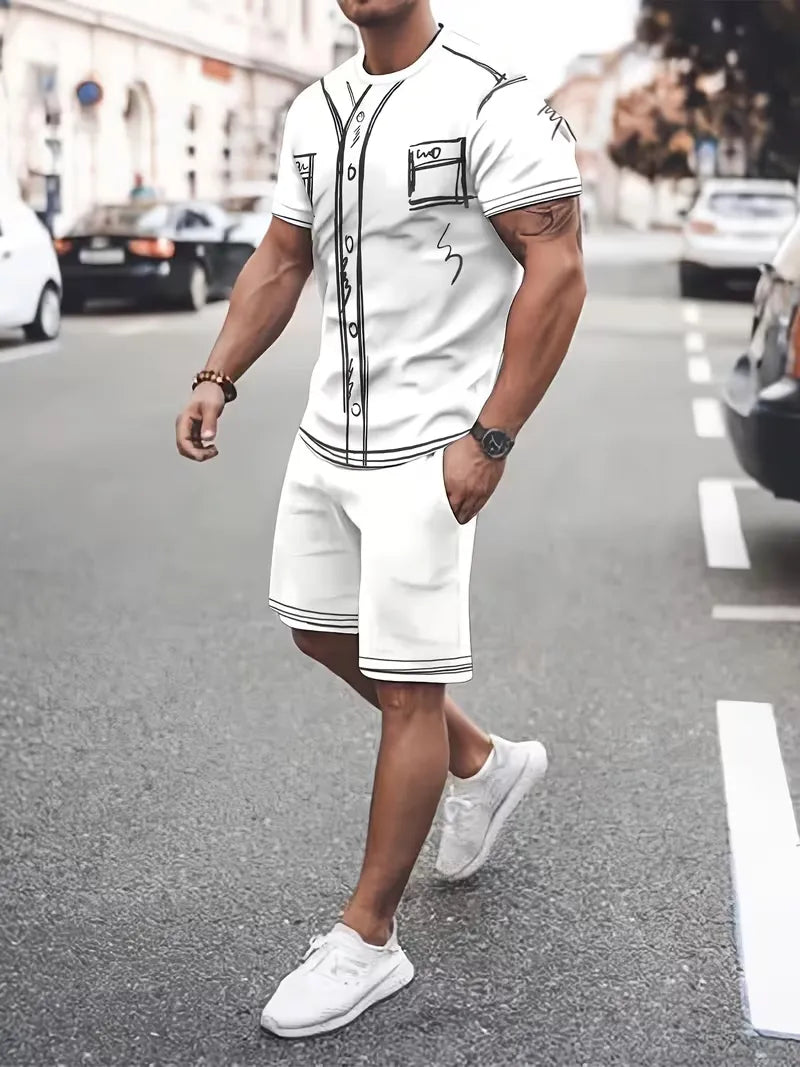2D Cartoon Sketch Athletic Tee and Shorts Set