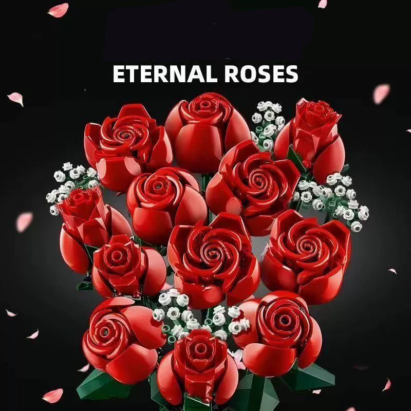 Bouquet of red roses with white flowers on a black background, featuring the text 'ETERNAL ROSES'.