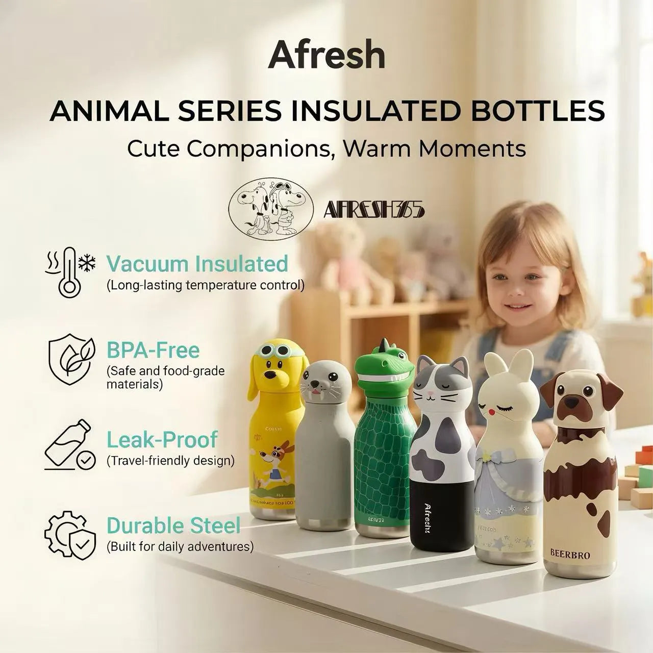 Afresh 365 3D Animal Head Double-Wall Insulated Bottle