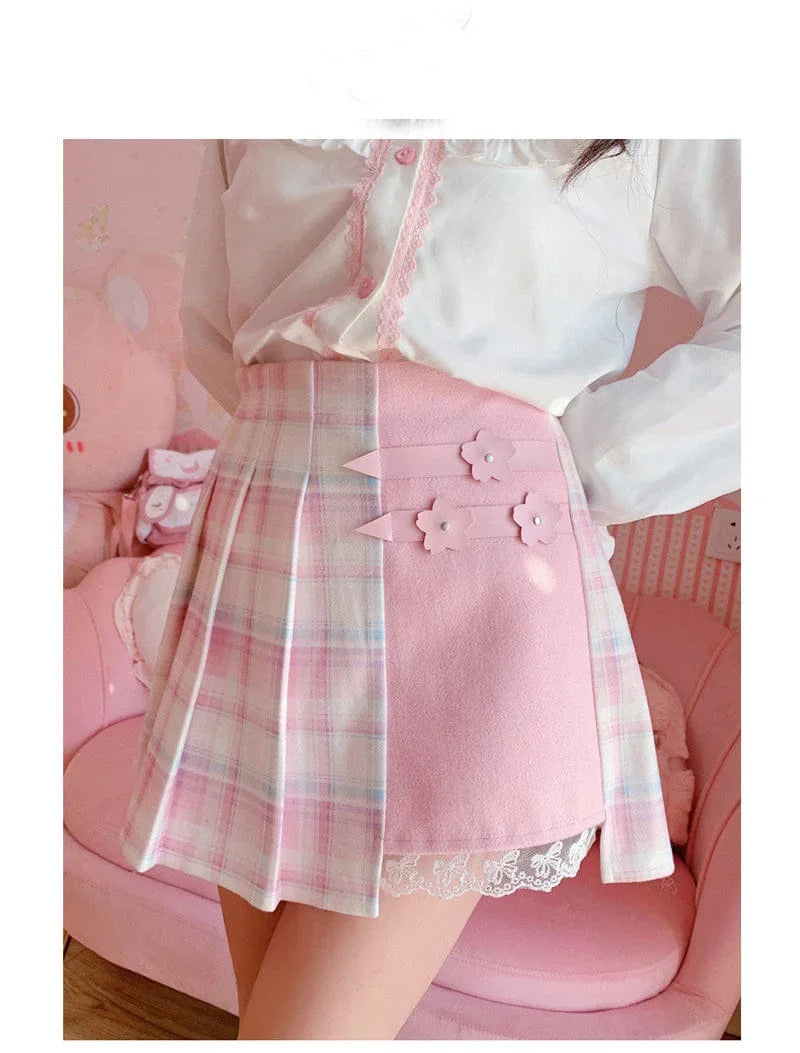 Kawaii Patchwork Plaid Sakura Skirt - Bear Hugs