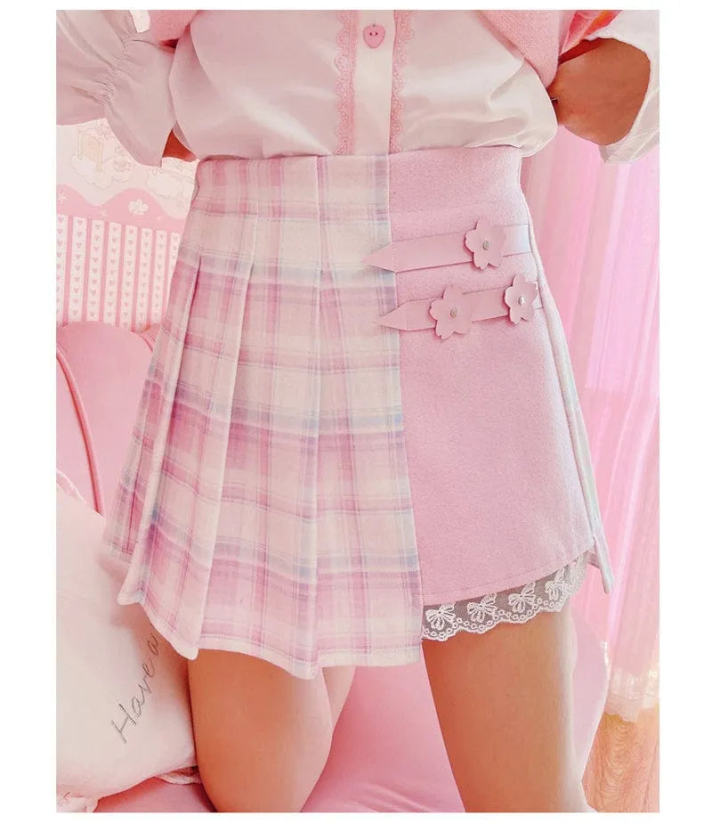 Kawaii Patchwork Plaid Sakura Skirt - Bear Hugs