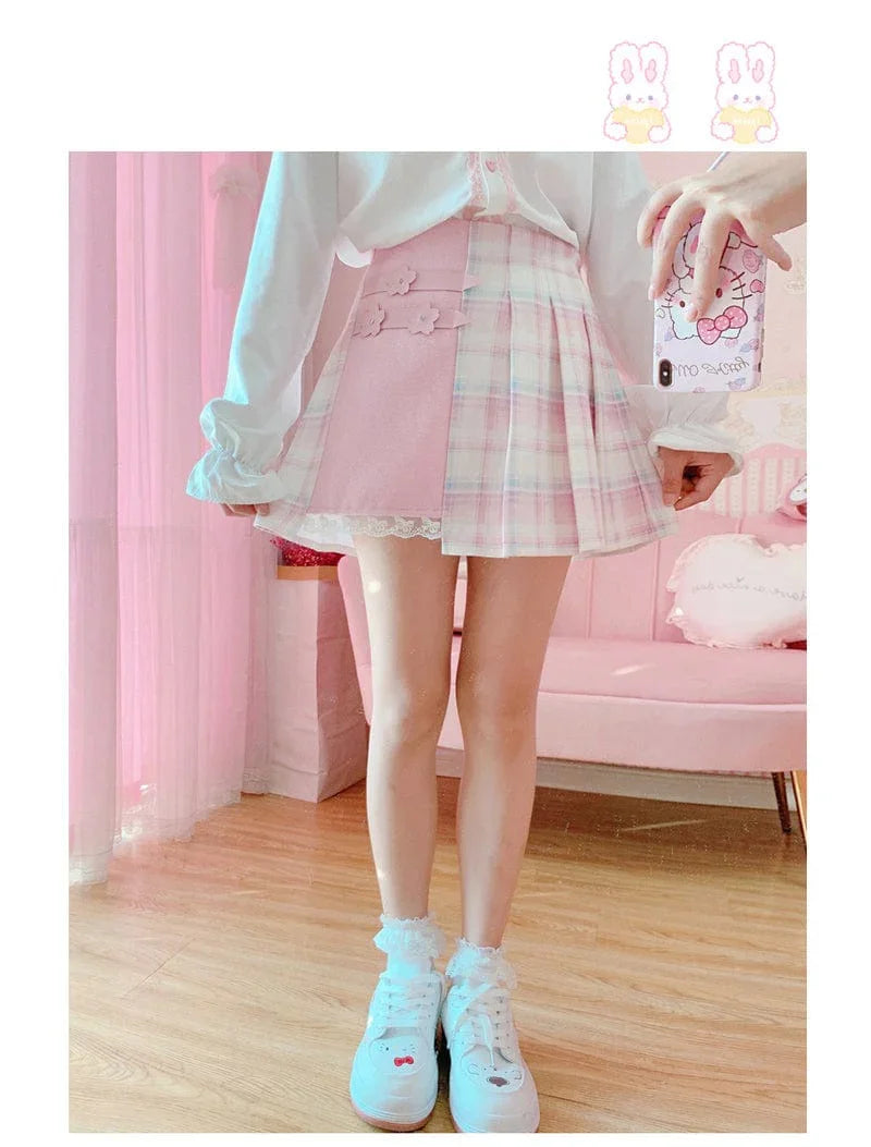 Kawaii Patchwork Plaid Sakura Skirt - Bear Hugs