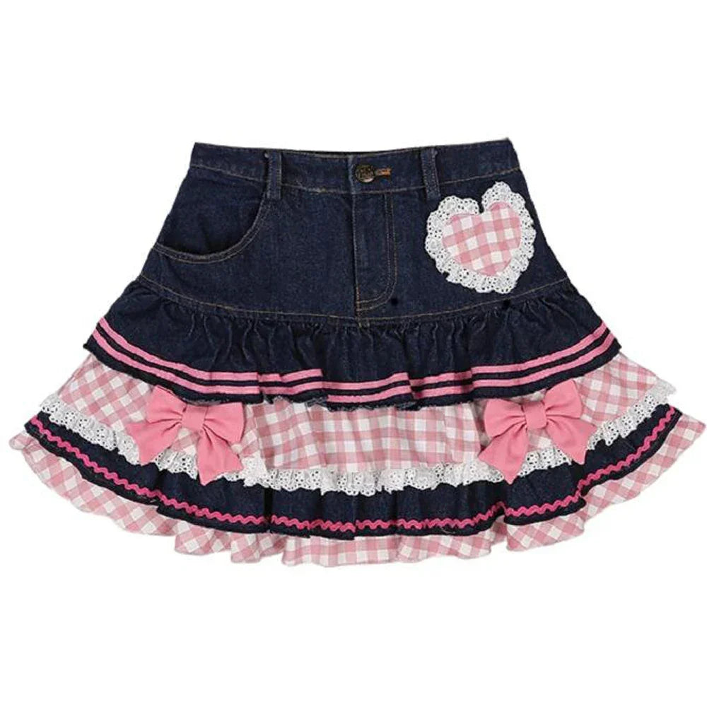 Kawaii Punk Denim Skirt – Preppy Harajuku Y2K Lace Mini Skirt - Bear Hugs