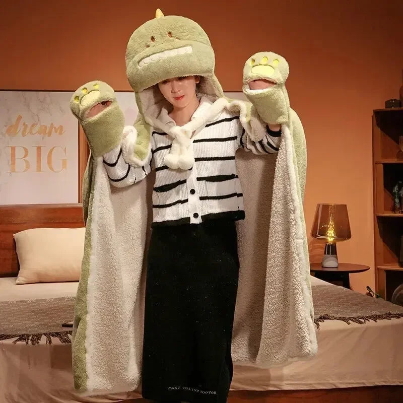 Black Cat Green Dino Plush Cape Hoodie Blanket - Bear Hugs