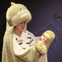 Black Cat Green Dino Plush Cape Hoodie Blanket - Bear Hugs
