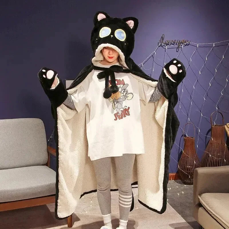 Black Cat Green Dino Plush Cape Hoodie Blanket - Bear Hugs