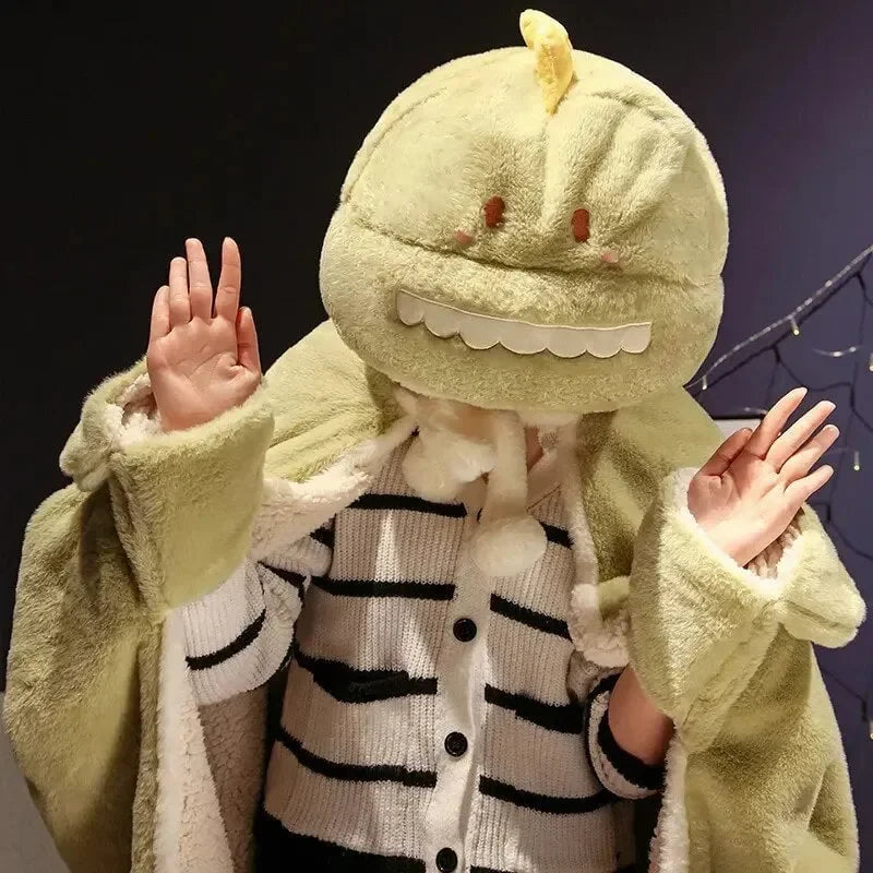 Black Cat Green Dino Plush Cape Hoodie Blanket - Bear Hugs