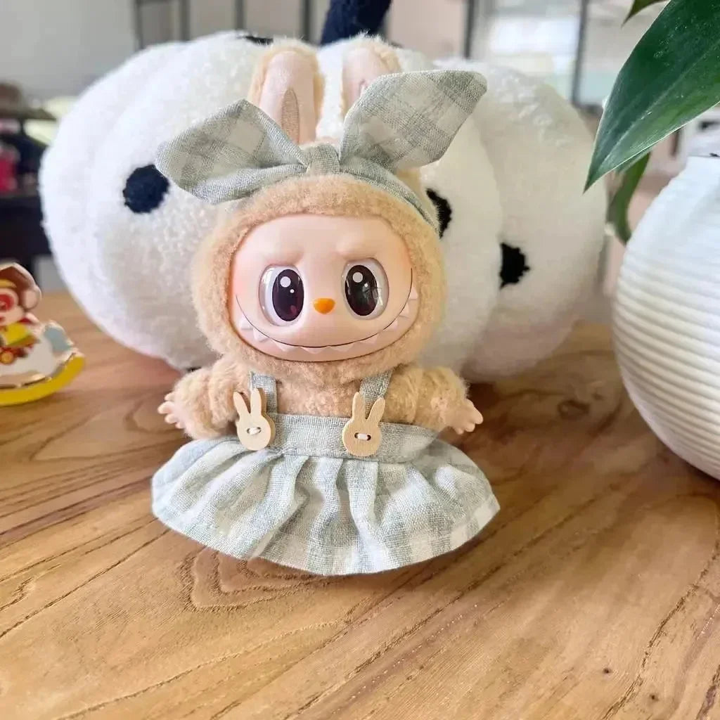 Handmade Labubu Plaid Pink Green Dress Outfit with Accessories - Bear Hugs