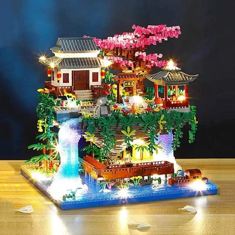 Waterfall Japanese House Sakura Tree Floating Island Nano Building Blocks | Limited Stock - Bear Hugs