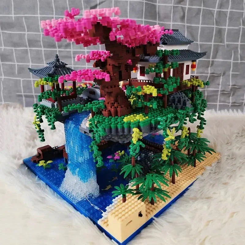 Waterfall Japanese House Sakura Tree Floating Island Nano Building Blocks | Limited Stock - Bear Hugs