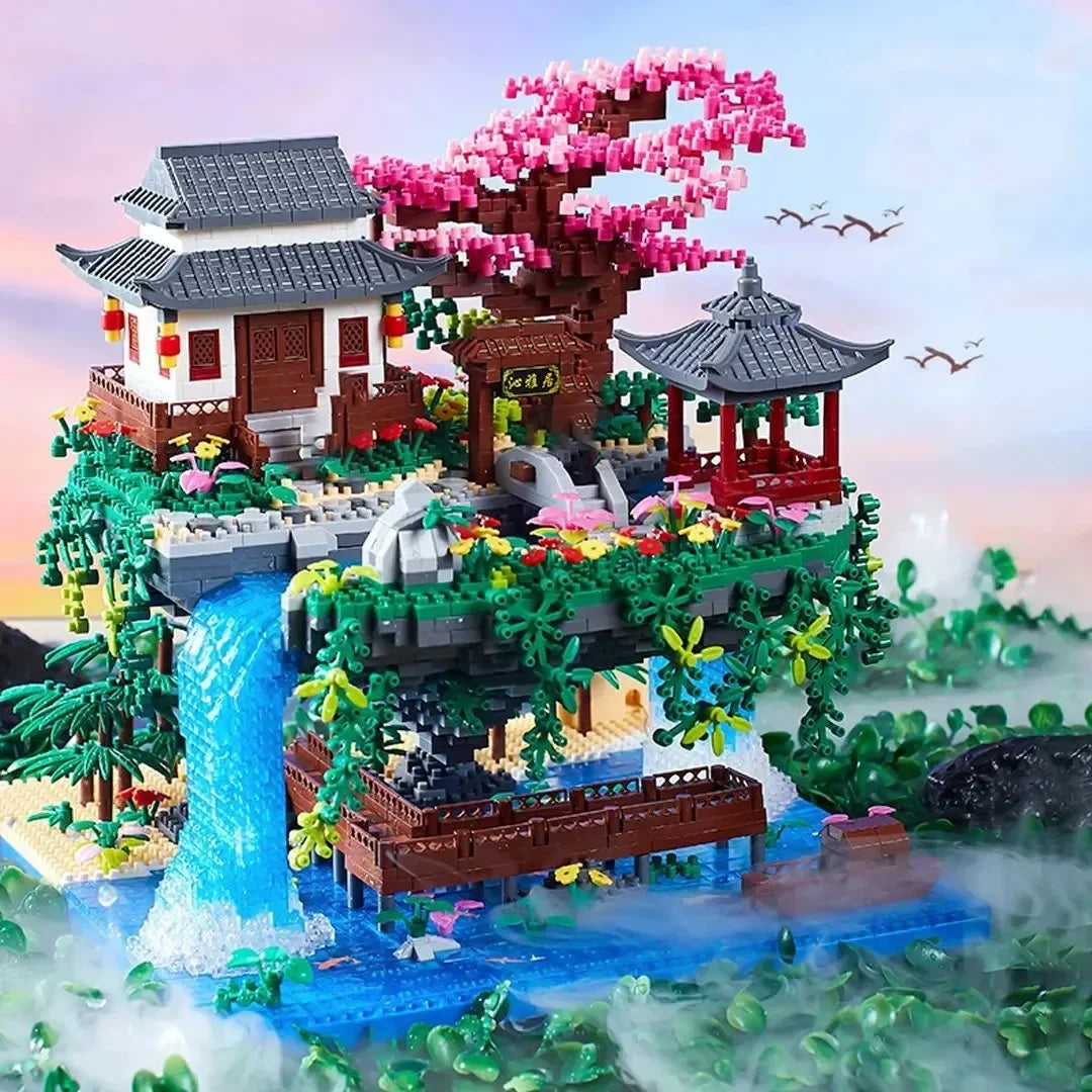 Waterfall Japanese House Sakura Tree Floating Island Nano Building Blocks | Limited Stock - Bear Hugs