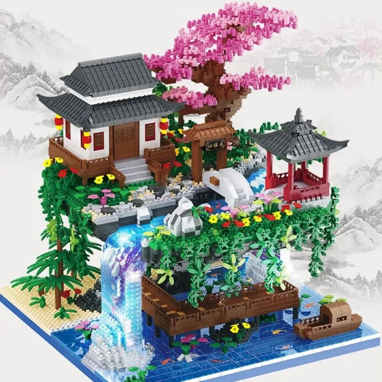 Waterfall Japanese House Sakura Tree Floating Island Nano Building Blocks | Limited Stock - Bear Hugs