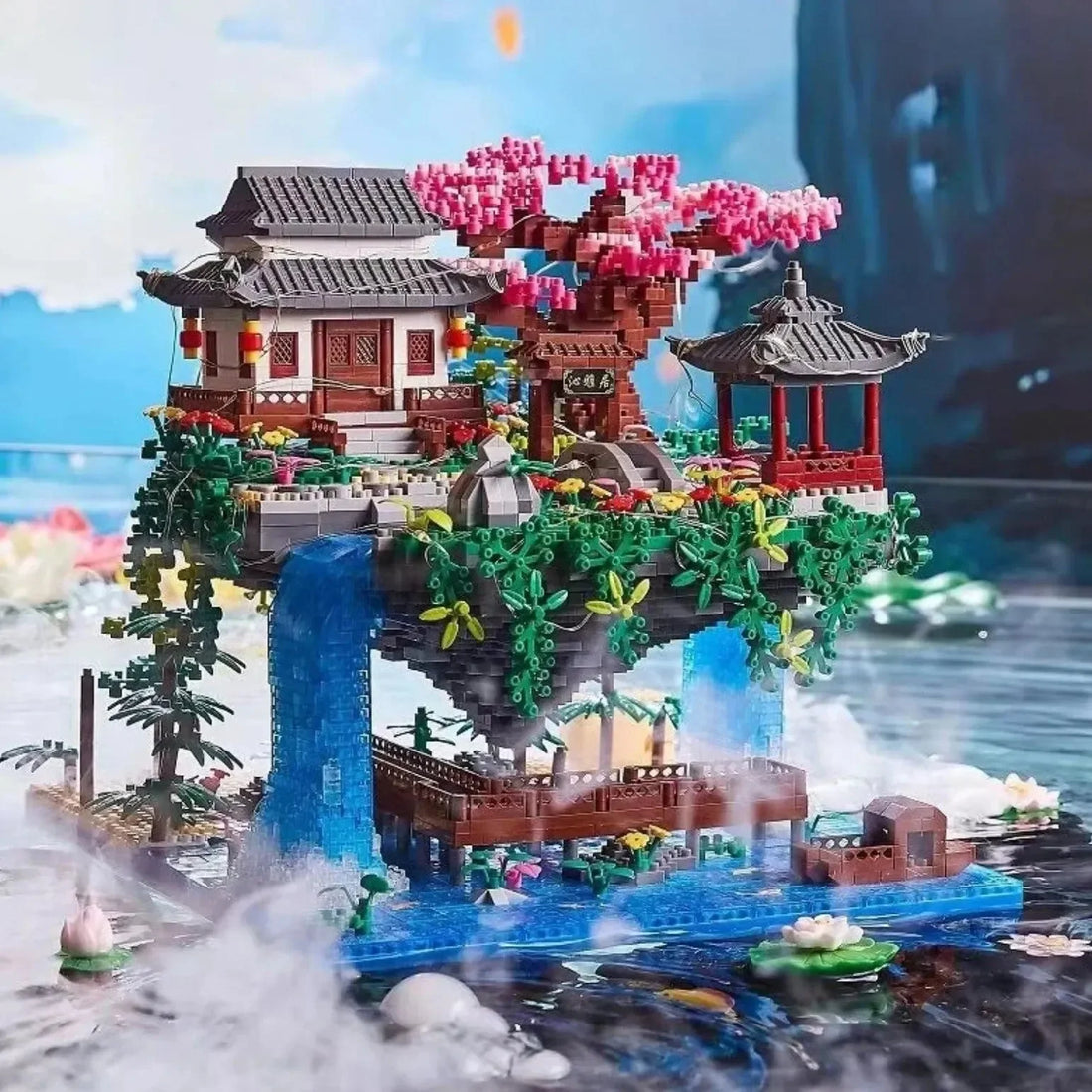 Waterfall Japanese House Sakura Tree Floating Island Nano Building Blocks | Limited Stock - Bear Hugs