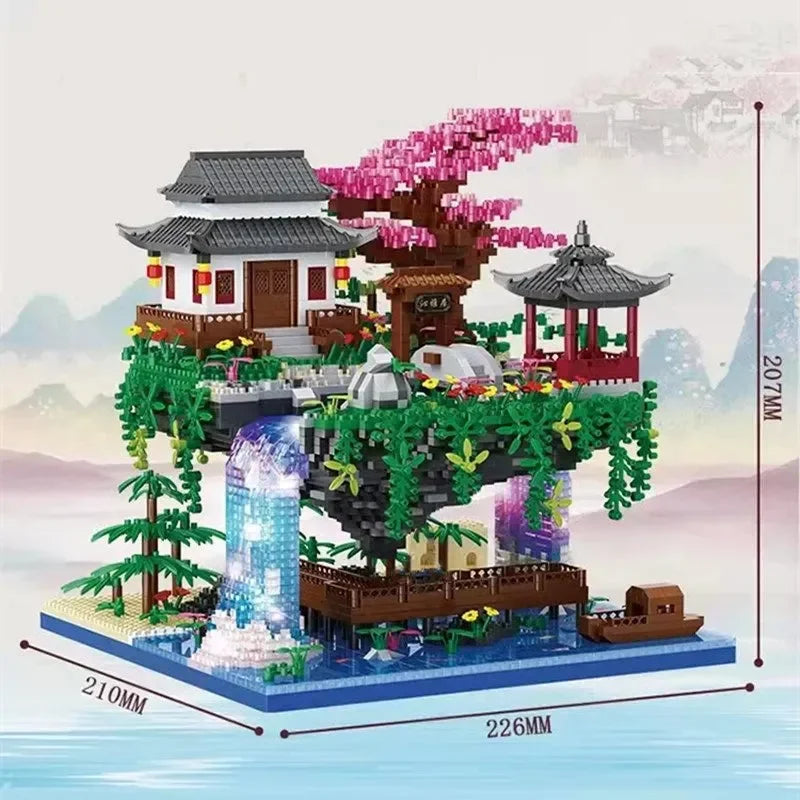 Waterfall Japanese House Sakura Tree Floating Island Nano Building Blocks | Limited Stock - Bear Hugs