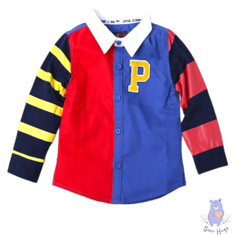 Kids Colourblock Varsity Shirt with Text Applique - Bear Hugs