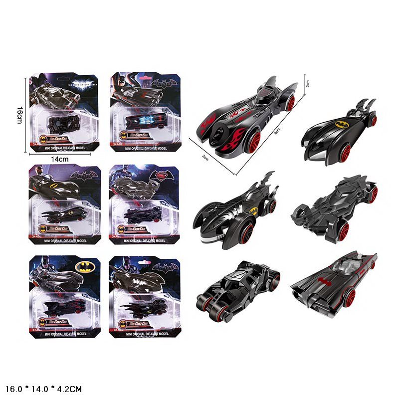 Collection of toy Batmobiles in packaging with dimensions displayed.
