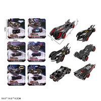Collection of toy Batmobiles in packaging with dimensions displayed.