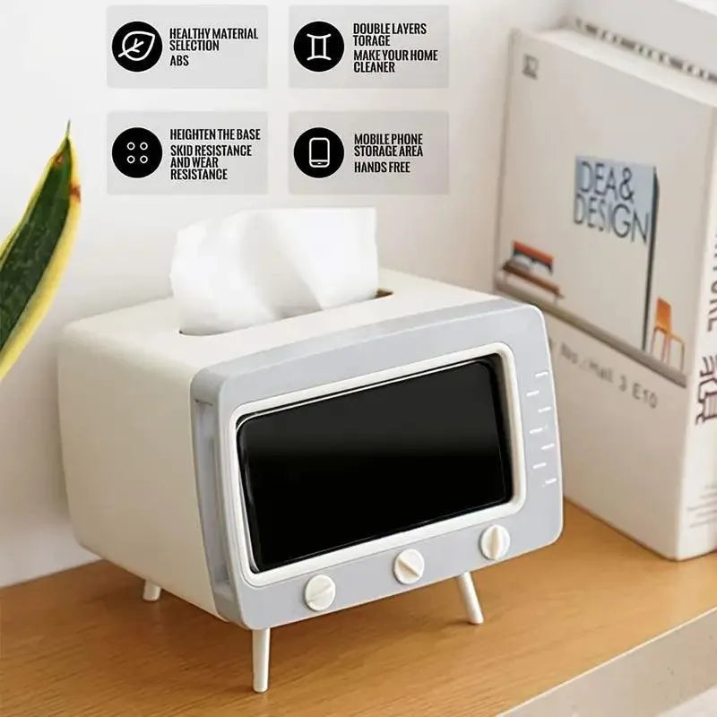 Retro TV-Inspired Tissue Box & Mobile Phone Dock - Bear Hugs