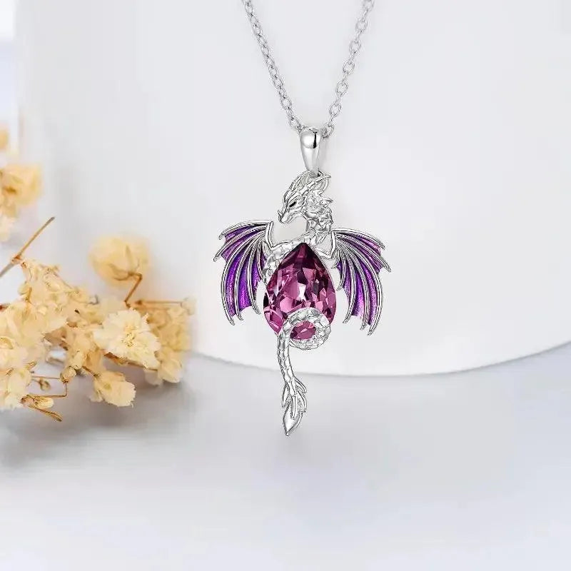 Teardrop-Shaped Rhinestone Dragon Pendant Necklace - Bear Hugs