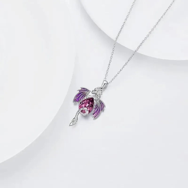 Teardrop-Shaped Rhinestone Dragon Pendant Necklace - Bear Hugs