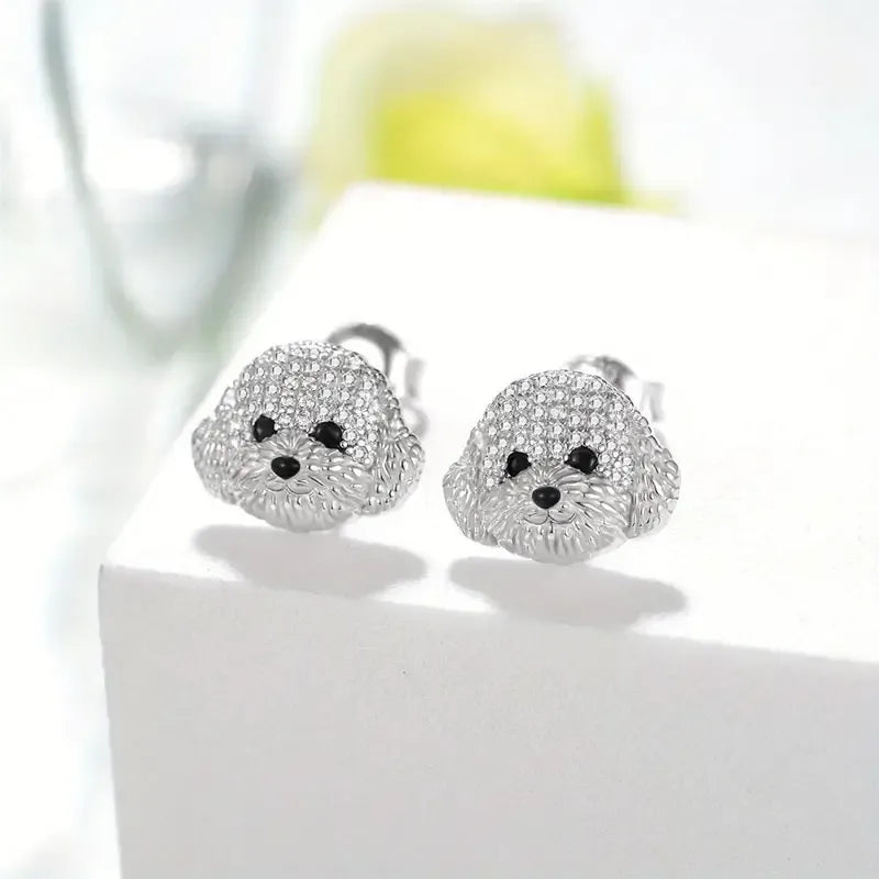 Rhinestone Maltese Dog Stud Earrings