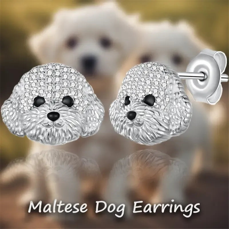 Rhinestone Maltese Dog Stud Earrings