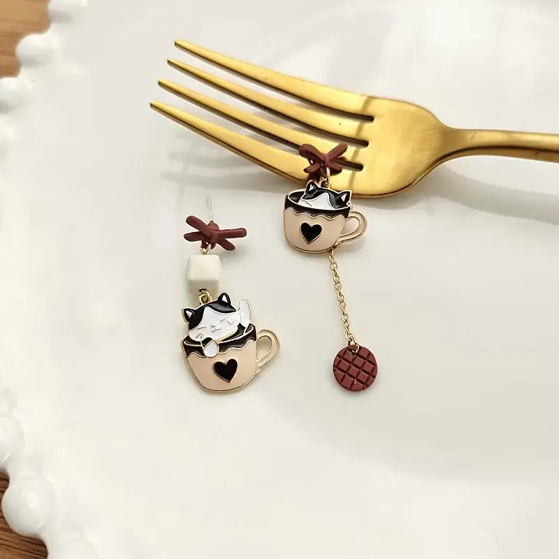 Whimsical Kitten Tea Cup Dangle Earrings