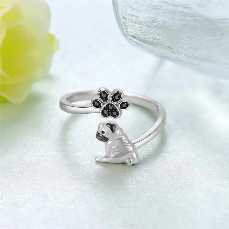 Pug Paw Rhinestone Adjustable Ring