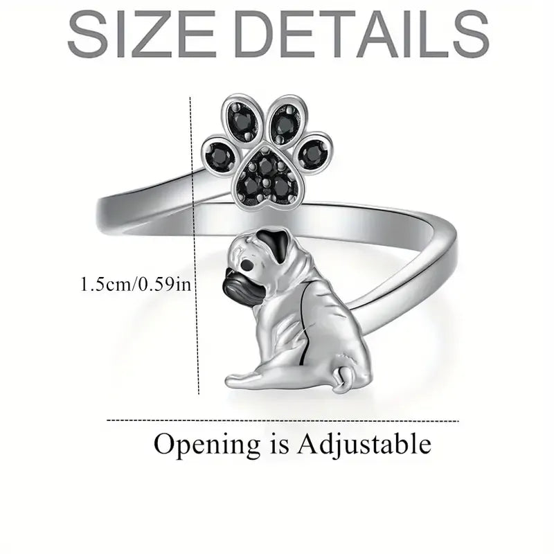 Pug Paw Rhinestone Adjustable Ring