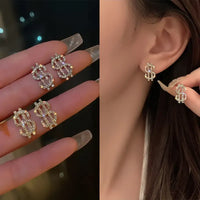 Glamorous Shiny Rhinestone Dollar Stud Earrings