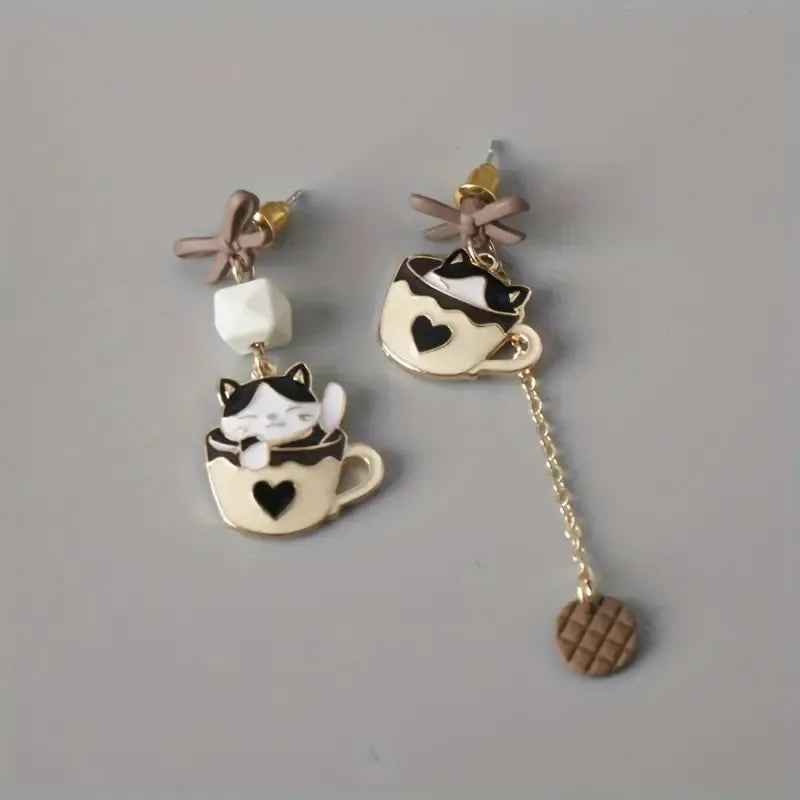 Whimsical Kitten Tea Cup Dangle Earrings