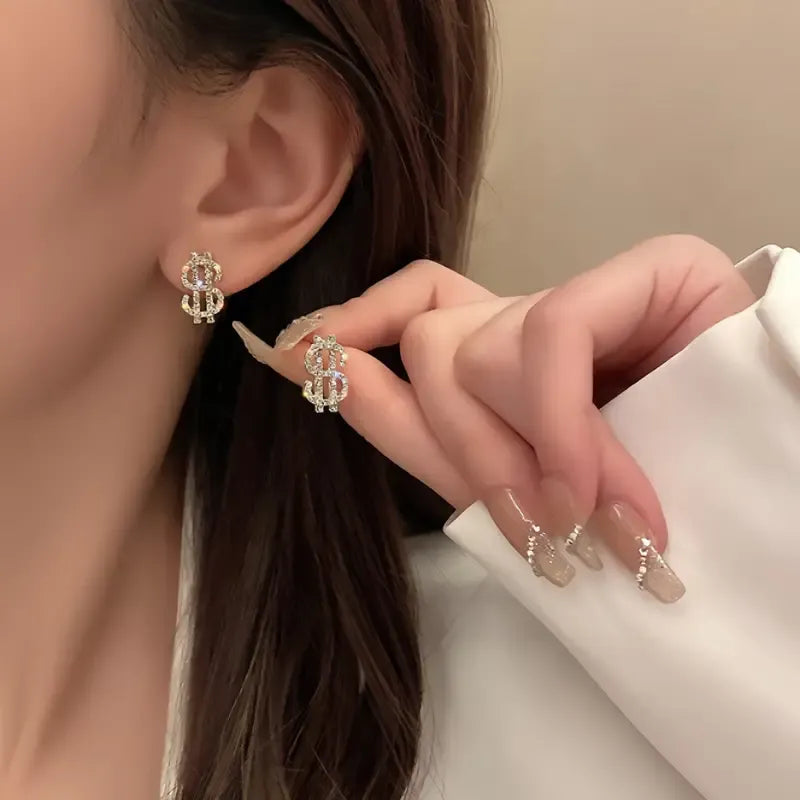 Glamorous Shiny Rhinestone Dollar Stud Earrings