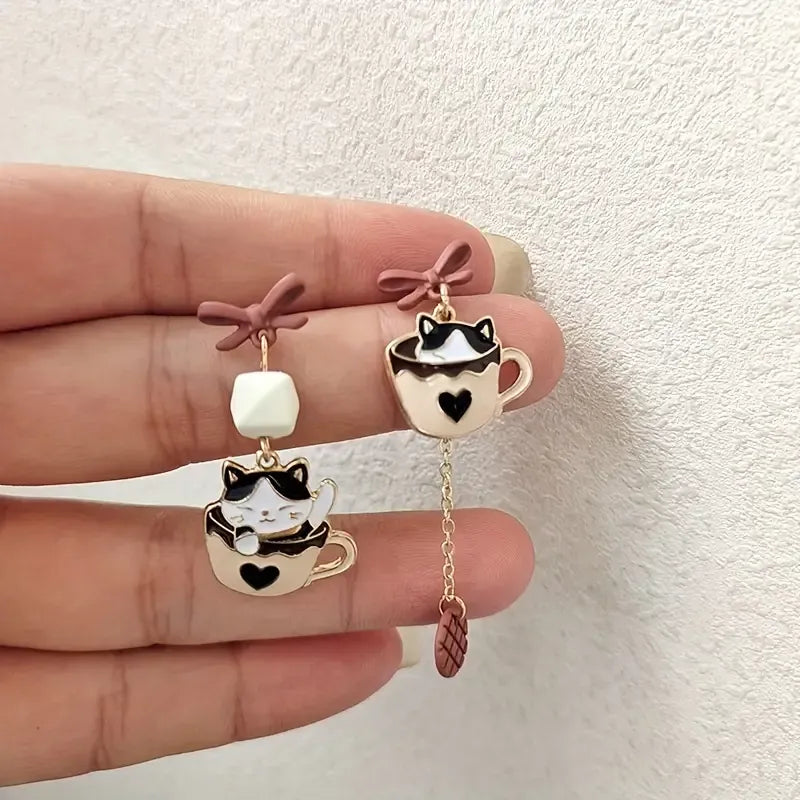 Whimsical Kitten Tea Cup Dangle Earrings