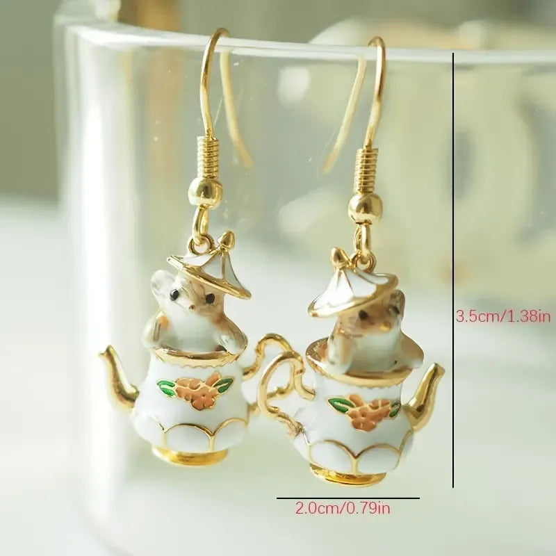 Whimsical Teapot Mouse Dangle Earrings